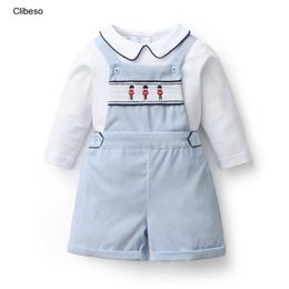 Pajamas Celana Suspendder Musim Semi Gugur Setelan Baju Print Lengan Penuh Romper Anak Perempuan Bayi Laki Laki Set Sweter Bordir 230516