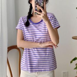 Women's T Shirts Johnature Casual O-neck Striped Women Tops 2023 Summer Simple All Match Pullover Hit Color Female Cotton Linen T-Shirts