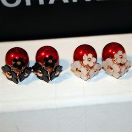 New fashion unique luxury designer double sided beautiful flower pearl elegant stud earrings for woman girls281c