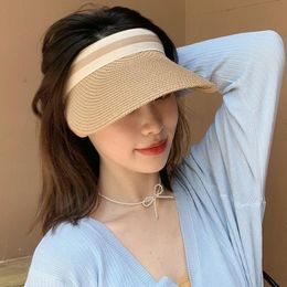 Wide Brim Hats Bucket Women Summer Outdoor Sun Protective Ponytail Straw Face Transparent Visor Cap Handmade Natural Spring 230515