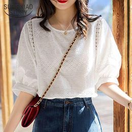 Women's Blouses Shirts Summer Korean Fashion Women's Lantern Sleeve Loose Shirts Embroidery Cotton Lace O-neck Casual Blouses Plus Size 13440 230516