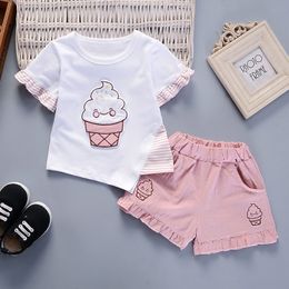 Clothing Sets 1-4T Girl Clothes Summer Short Sleeve Cartoon Ice Cream Print T-shirt Pant 2PCS Baby Set Children Outfit Kid Tracksuit A486 230516