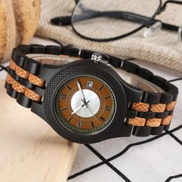 Wristwatches Wooden Couple Watches Ebony Zebra Wood Quartz Watch With Calendar Roman Numeral Dial Luminous Hands Men Women Wristwatch GiftsW