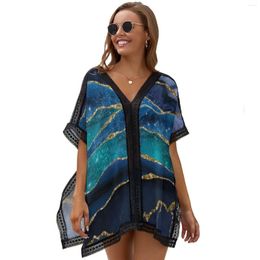 Women's Blouses Blue And Gold Wavy Striped Women'S Bikini Swimsuit Cover Up Sunscreen Shirt V-Neck Loose Irregular Hem Top Customization