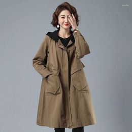 Women's Trench Coats Windbreaker Women Mid-Length Spring Autumn Hooded Jackets 2023 Loose Coat Female Fashion Red Army Brown Outerwear 4XL
