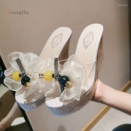 Slippers Bow Lace Flower Platform Women PVC Transparent Crystal Wedge Heels Female Party Sandals