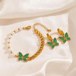 Necklace Earrings Set Fashion Green Oil Butterfly Bracelet Simple Pearl Stainless Steel For Women Jewellery Gifts 18K Gold Plated