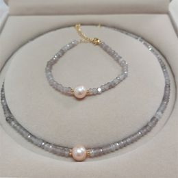 Women's design sense handmade DIY 2x4mm section gray purple jade freshwater 9-10mm pearl necklace bracelet set