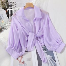 Women's Blouses Shirts Spring Summer Half Sleeve Button Up Shirt Chiffon Shirts Women Loose Casual Blouse Tied Waist Elegant Blouses for Women 9776 230516