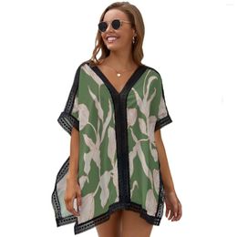 Women's Blouses Oil Painting Green Flower Print Women'S Sunscreen Shirt Swimsuit Cover Up V-Neck Irregular Hem Loose Top 2023