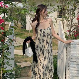 Casual Dresses Summer Women Vintage Sling Dress with Cool Ink Painting Sling Strap Open Back Dress Casual Long Dress 230515