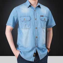 Men's Casual Shirts Casual Pockets Shirt Men Slim Jeans Tee Shirts Men Summer Tops High Quality Men's Denim Shirts Short Sleeve Thin Cotton MY422 230516