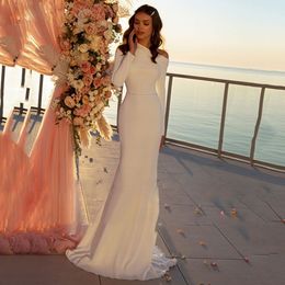 Asymmetrical Neck Mermaid Wedding Dresses Vestido de novia Long Sleeve Bead Sash Satin Bridal Gowns Beach Mariage