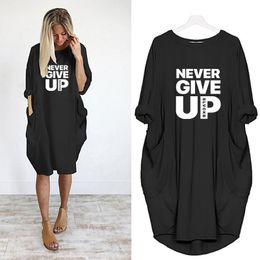 Plus Size Women Midi Dress NEVER GIVE UP Letter Print Loose Long Sleeve Sundresses O Neck Pockets Party Casual Vintage Vestidos Streetwear