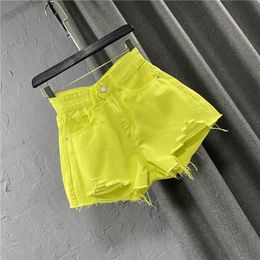 Women's Shorts Summer Sexy Women Candy Color Denim Shorts Fashion Ladies Green A-shaped Ripped Jeans Short Pants Korean Style Streetwear 230516