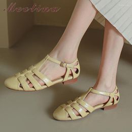 Sandals Meotina Women Genuine Leather Round Toe Flat T-strap Buckle Lady Narrow Band Gladiator Shoes Summer Beige 41