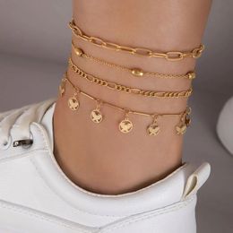 Fashion Rice Ball Butterfly Hollow Multilayered Pendant Feet Chain Geometric Alloy Tassel Anklet 4pcs/Set for Men Women