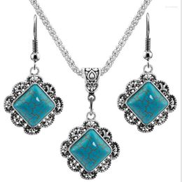 Necklace Earrings Set FYSL 10 Sets Silver Plated Rhombus Shape Green Turquoises Stone Pendant Drop Charm Jewelry