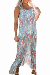 sky Blue Western Pattern Print Spaghetti Strap Shift Maxi Dress y9g3#