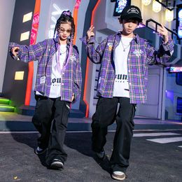 Stage Wear Kids Hip Hop Clothing Purple Plaid T Shirt Tops Street Cargo Pants For Girls Boys Jazz Dance Costume Performance Clothes