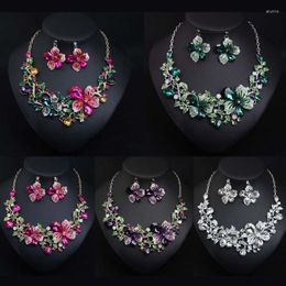 Necklace Earrings Set E15E Flower Shape Jewellery Earring For Rhinestone 2-piece Women Party Jew