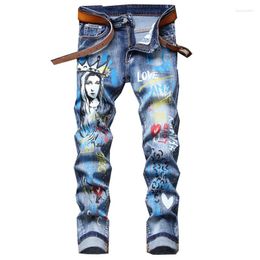 Men's Jeans 2023 Men's Colored Painted Printed Denim Fashion Y2K Badge Holes Ripped Pants Patchwork Stretch Trousers 5685