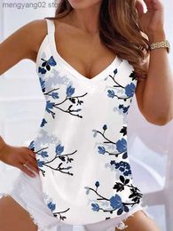 Women's Tanks Camis Women V Neck Camisole Spaghetti Strap Floral Print Tank Top and Blouse 2023 Summer Sleeveless Shirts Open Back Casual Tank Top T230517