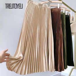 Dresses Treutoyeu Gothic Metallic Black Pleated Long Skirt Vintage High Waisted A Line Satin Skirts Womens Korean Style 2023 Summer