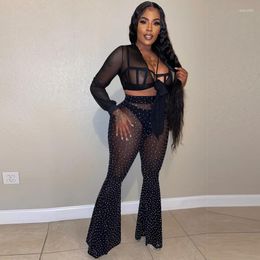 Women's Two Piece Pants WUHE See Through Mesh Diamonds Lace Up Shirt Top Wide Leg Women 3 Set Sheer Party Night Clubwear Fashion Outfit