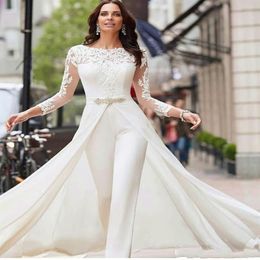 2020 Long Sleeve White Jumpsuits Wedding Dresses Lace Chiffon Satin Overskirts Beads Crystals Bridal Gowns Pants Dress Vestidos De223k