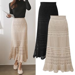 Skirts Korean Women Knitting Long Skirts High Waist Flower Hollow Knitted Female Classic Loose Large Long Skirt 230516