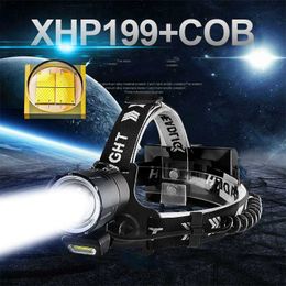 Flashlights Torches XHP199 Powerful Headlamp COB Headlight 18650 Rechargeable Head Led Flashlight Waterproof Head Torch Camping Lantern Cap Light P230517