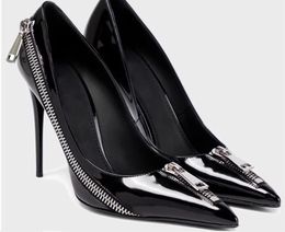 New women Patent leather dress shoes zip pumps wedding shoes bling bling chains party footwear point toe sexy high heels stiletto heel