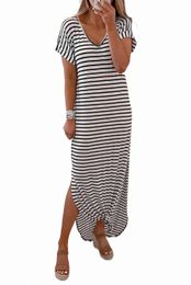 black Striped Print Side Split Short Sleeve V Neck Maxi Dress a9nc#