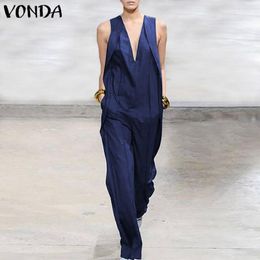 Women's Jumpsuits & Rompers VONDA Women 2023 Summer Sexy Sleeveless Long Playsuits Casual Loose Pants Bohemian Overalls Plus Size1