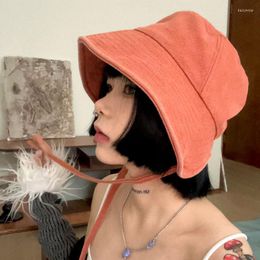 Berets 2023 Korean Versatile Washed Cotton Lace Up Bucket Hat Sun Protection Loli Cute Basin Hats Women Denim Fisherman Cap Gorras