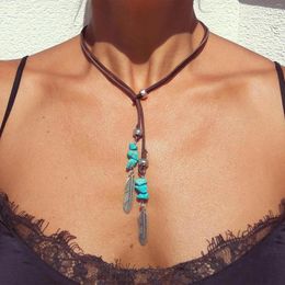 Choker Ethnic Style Vintage Creative Leather Boho Turquoise Clavicle Chain Exaggerated Trendy Necklace For Women Party Jewellery