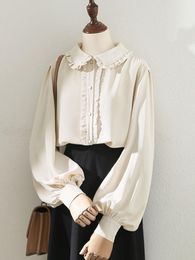 Women's Blouses Shirts HOUZHOU Sweet Kawaii Blouse Lolita Cute Ruffles Elegant Vintage Long Sleeve Women Loose Casual Peter Pan Collar Tops 230516