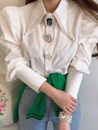 Women's Blouses Shirts Circyy Women French Vintage Blouse Spring Button Up Shirt Pointed Collar Long Puff Sleeve Pearl Slim White Tops 230516