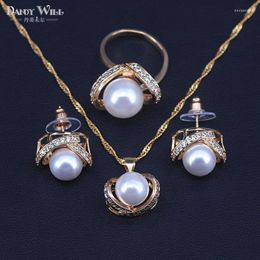 Necklace Earrings Set Simulated Pearl Bead Ball Women Gold Colour Rose Rings Pendant Wedding Optional Chains