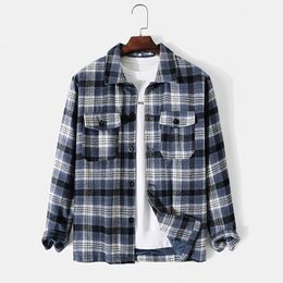 Men's Casual Shirts Mens Flannel Plaid Button Up Flap Pocket Long Sleeve Shirt Jacket Camisas De HombreMen's