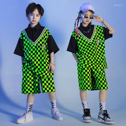 Stage Wear Kid Kpop Hip Hop Clothing Green Checkered Lapel Oversized T Shirt Top Summer Shorts For Girl Boy Jazz Dance Costume Clothes Set