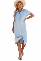 sky Blue Chambray Shirt Short Sleeves Midi Dress t0ar#