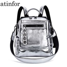 Backpack atinfor Brand Silver Mini Backpack Women Waterproof PU Leather Rucksack Girls Small Shoulder Bag Travel J230517