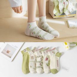 Socks Hosiery Green Short Socks Cotton Breathable Japanese Cartoon Cute Socks Women Fashion Harajuku Low Cut Ankle Sock Slippers P230517