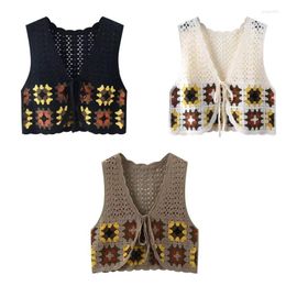 Women's Vests H9ED Womens Japanese Knit Crochet Plaid V-Neck Vest Waistcoat Cropped Cardigan Hippie Sleeveless Lace-Up For Tank Top Outerwe