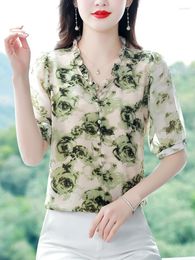 Women's Blouses Green Floral Print Women's Shirt Summer Short Sleeve Top Thin Women Korean Fashion O Neck Chiffon Shirts &