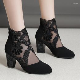 Dress Shoes Fashion Women High Heels Lace Flower Ankle Strap Hollow Out Sandals Round Toe Zip Pumps Plataforma