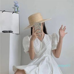 Wide Brim Hats Women Summer Straw Hat Flat Top Fedora Pearl Chain Decoration Sun Protection Female Beach Visor