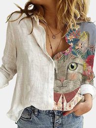 Women's Blouses Shirts Fashion Stitching Cute Cat Print Long Sleeve Blouses Women 2022 Spring Lapel Button Casual Top Lady 3XL Cotton Polyester Shirts P230517